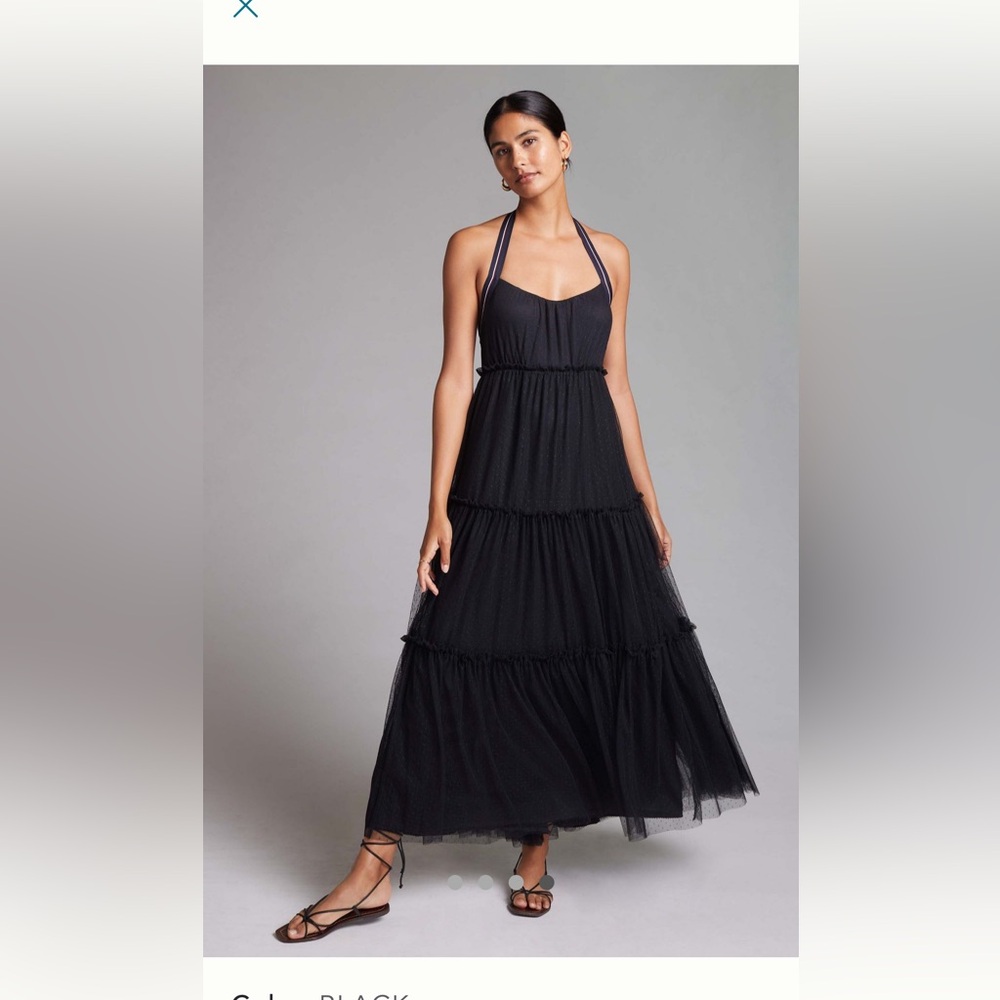 Anthropologie Black Tiered Halter Maxi Gown